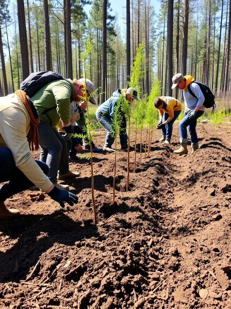 A photograph depicting a group of volunteers planting trees in a deforested area, symbolizing reforestation efforts by AMICALE DES PROPRIETAIRES ET CHASSEURS DE VERVANT.