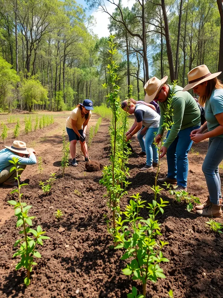 A photograph depicting volunteers participating in a wildlife habitat restoration project, planting native trees and shrubs in a deforested area. The image should convey a sense of community involvement and environmental stewardship.