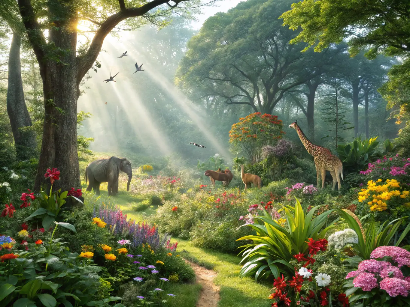A serene landscape featuring a healthy forest with diverse wildlife, symbolizing ecological balance achieved through conservation efforts by AMICALE DES PROPRIETAIRES ET CHASSEURS DE VERVANT.