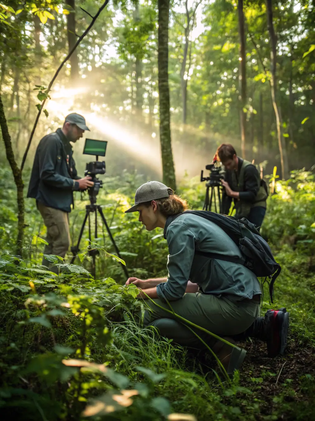 A photograph of a wildlife monitoring team using GPS trackers and cameras to study animal populations in their natural habitat. The image should emphasize the importance of data collection and scientific research.