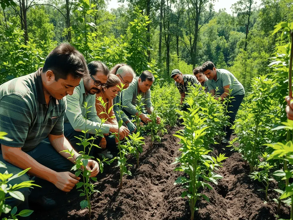 A group of community members participating in a conservation project, such as tree planting or habitat restoration, highlighting the community cooperation fostered by AMICALE DES PROPRIETAIRES ET CHASSEURS DE VERVANT.