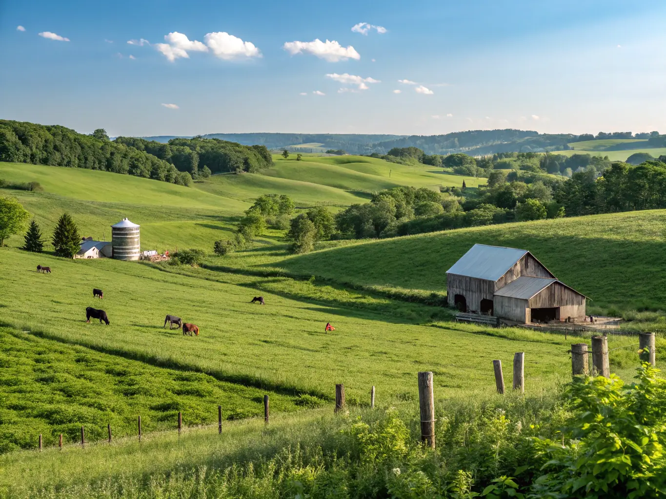 A picturesque rural scene showcasing well-maintained farmlands and natural habitats, representing the protection of rural environments by AMICALE DES PROPRIETAIRES ET CHASSEURS DE VERVANT.