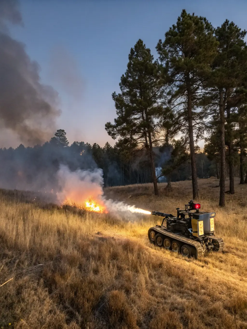 A photograph showcasing a controlled burn being conducted in a grassland area, with trained professionals managing the fire to promote healthy vegetation growth and reduce wildfire risk. The image should highlight the scientific approach to land management.