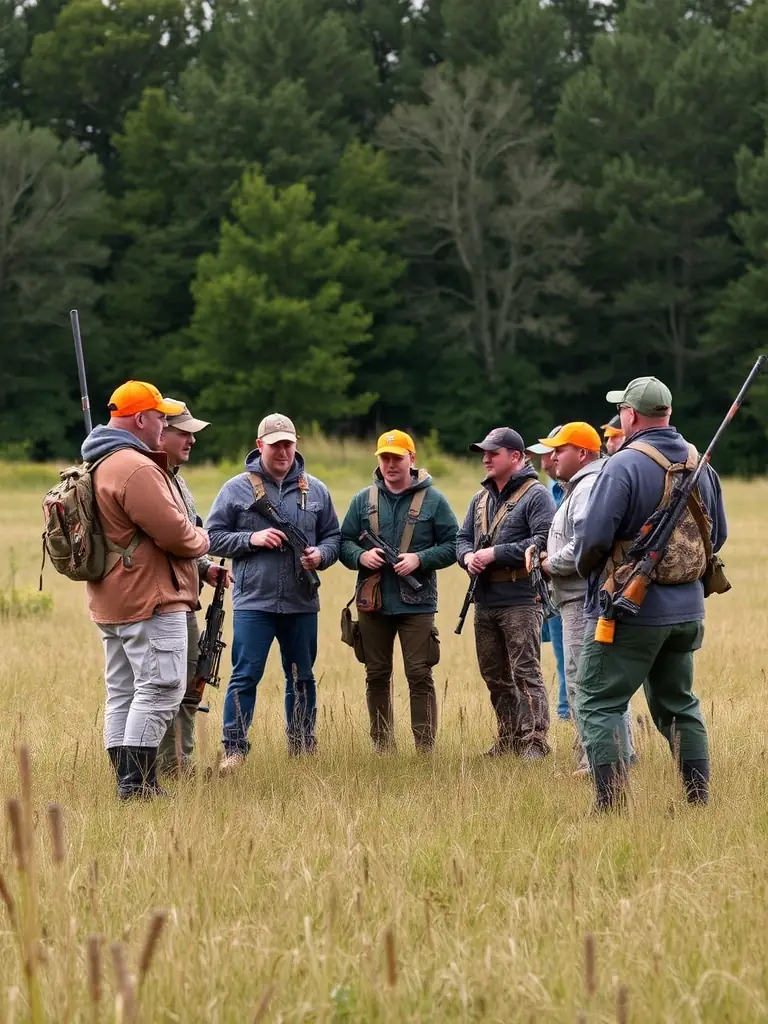 A photograph of a group of hunters participating in a training session on responsible hunting practices, emphasizing ethical behavior and wildlife conservation. The image should promote the idea of sustainable hunting.